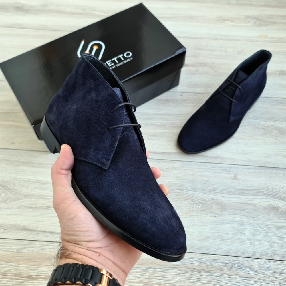 Suede Navy Blue Chukka Boots, Mens Lace-up Ankle Boots, Hand-Stitched Sole